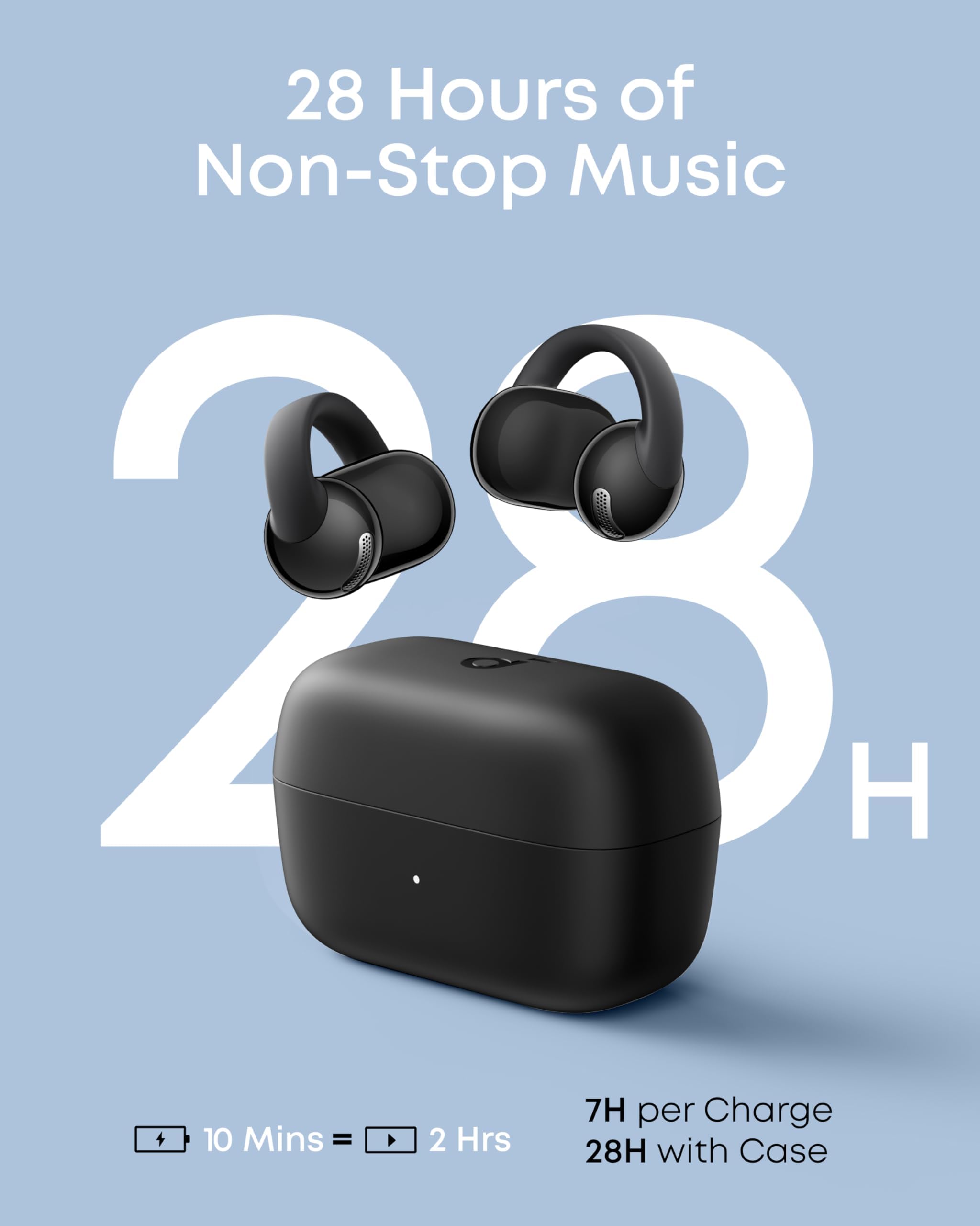 Soundcore C50i charging case open showing earbuds and extended 28 hours playtime