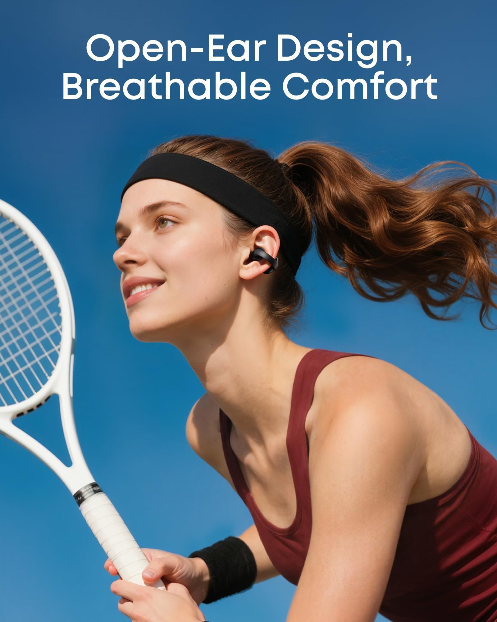 Soundcore C50i flexiclip close-up highlighting memory titanium clip and comfort fit