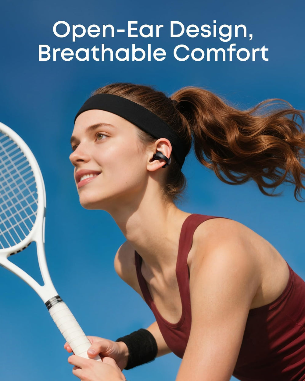 Soundcore C50i flexiclip close-up highlighting memory titanium clip and comfort fit