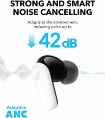 Soundcore P30i earbud close-up showing driver detail and deep bass performance