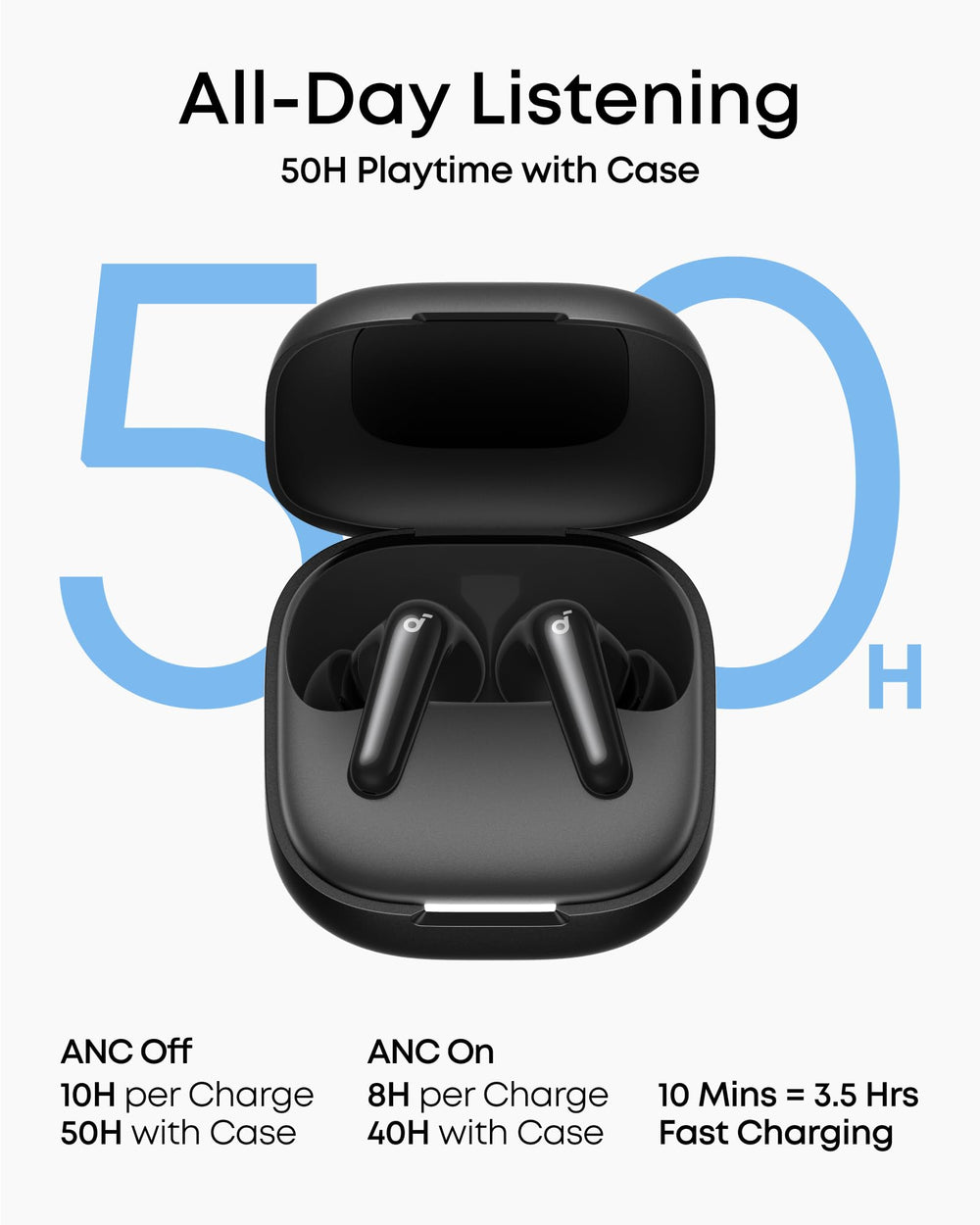Soundcore P31i next to a hand to show compact size and travel convenience