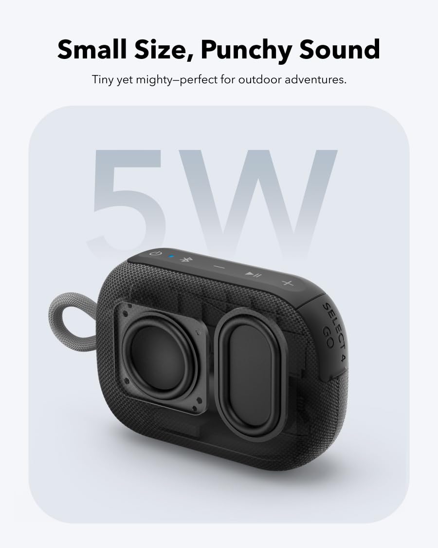 Soundcore Select 4 Go attached to a backpack strap showing easy outdoor portability