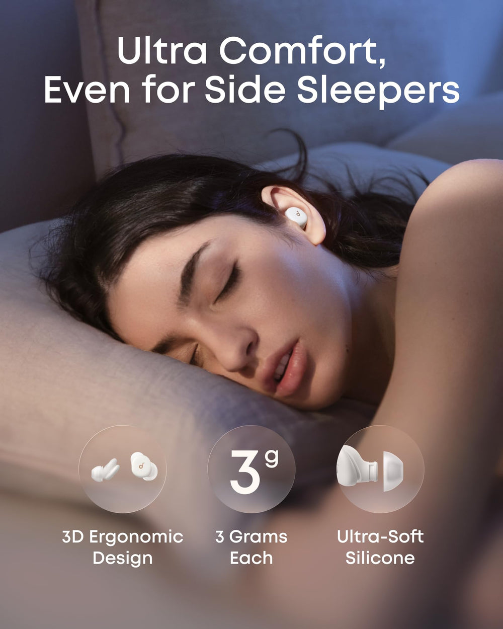 Soft silicone tip texture detail of Soundcore Sleep A30, emphasizing gentle long-wear comfort