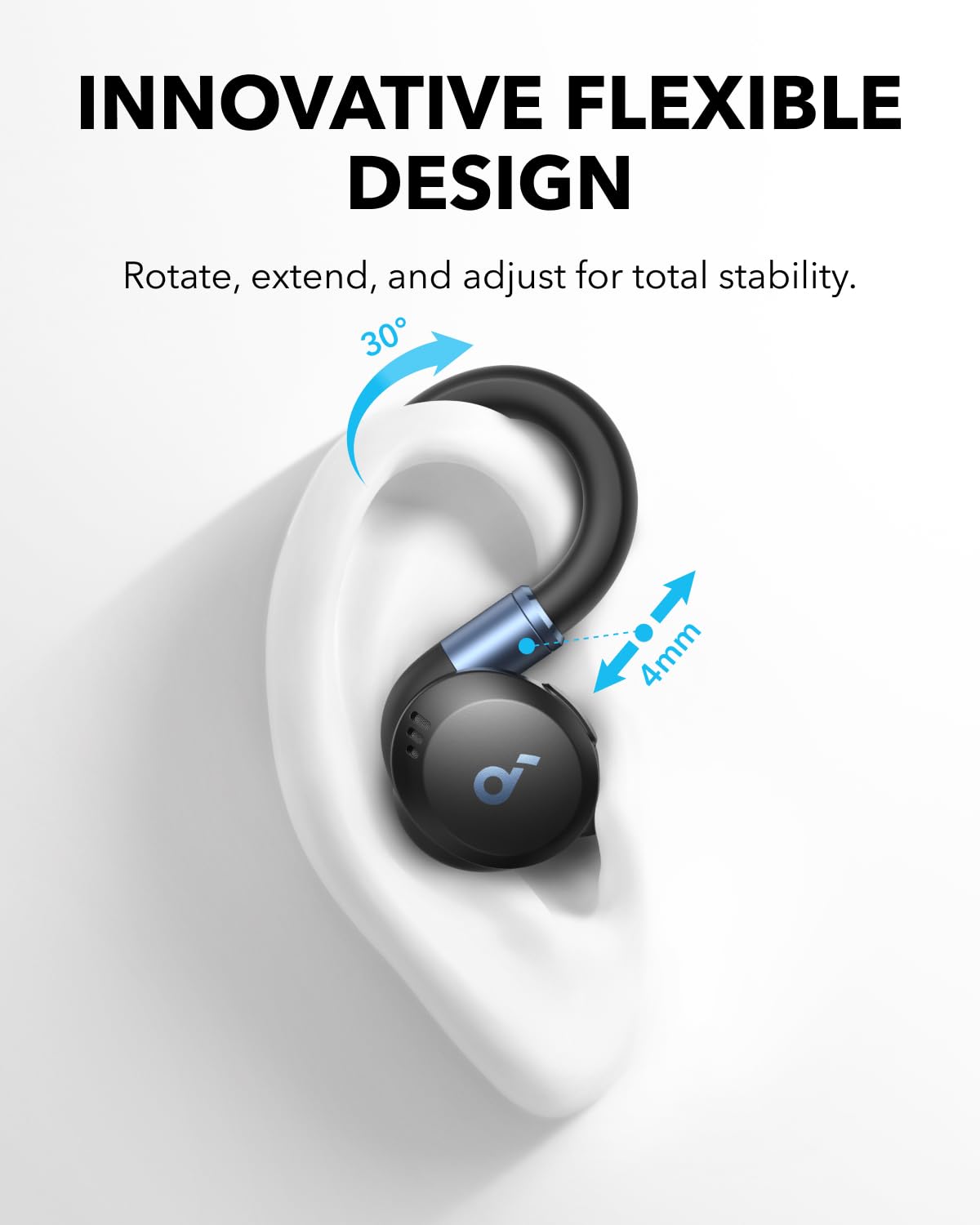 Soundcore Sport X20 adjustable ear hook detail demonstrating rotation and extension for comfort