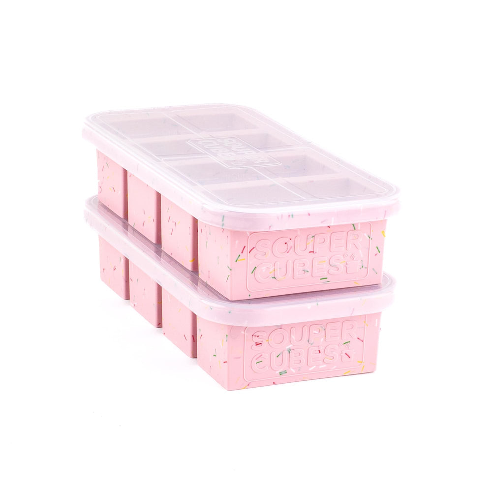 Souper Cubes front packaging showing two cotton candy trays and lids for convenient meal prep