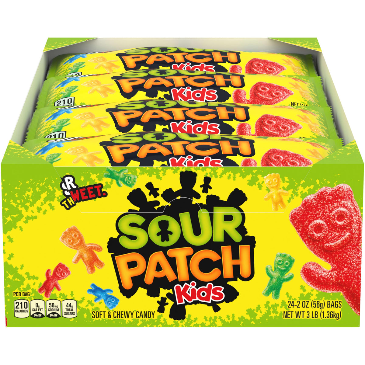 SOUR PATCH KIDS front packaging showing brand and bright design, appealing snack option