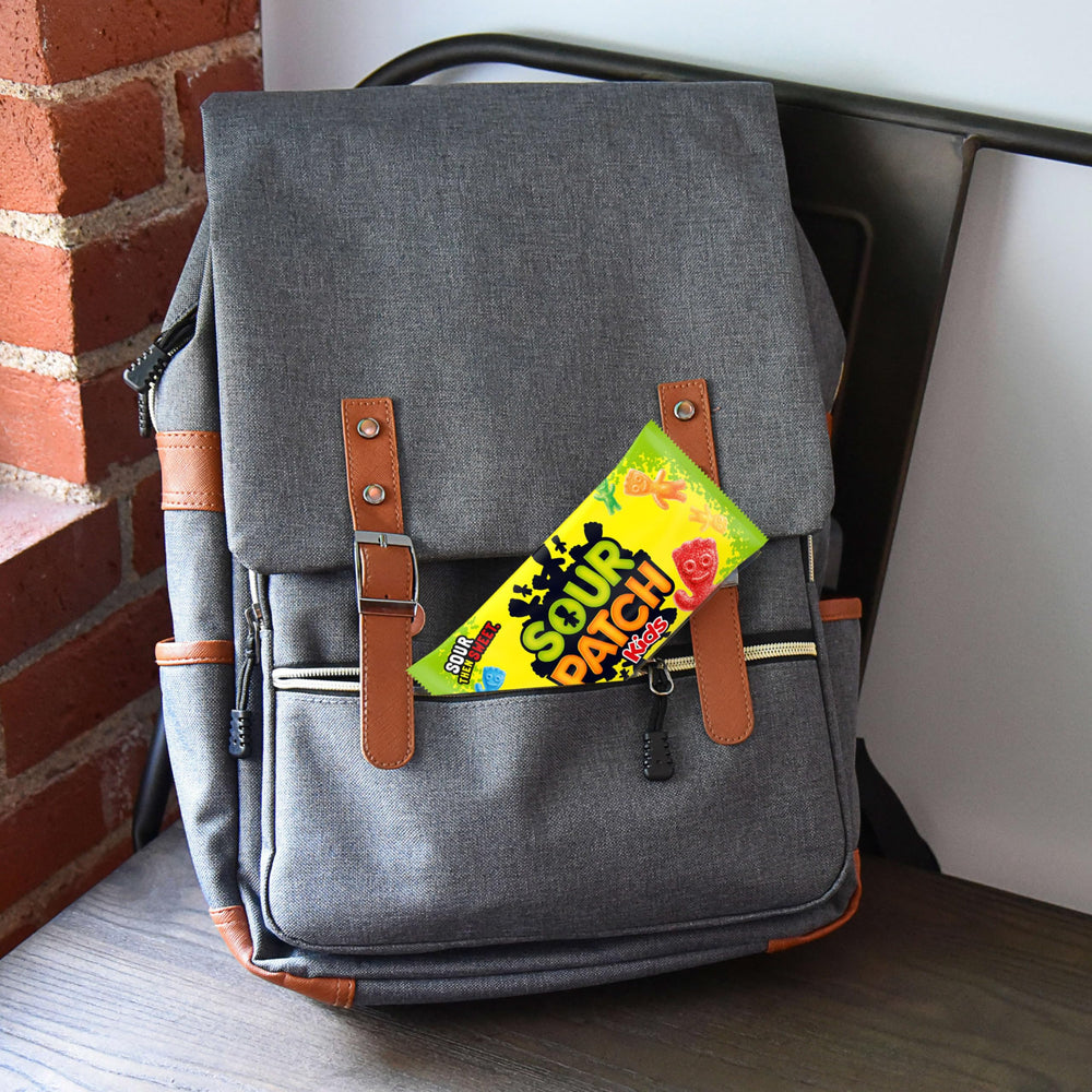SOUR PATCH KIDS bag placed in a lunchbox, portable snack for kids and adults