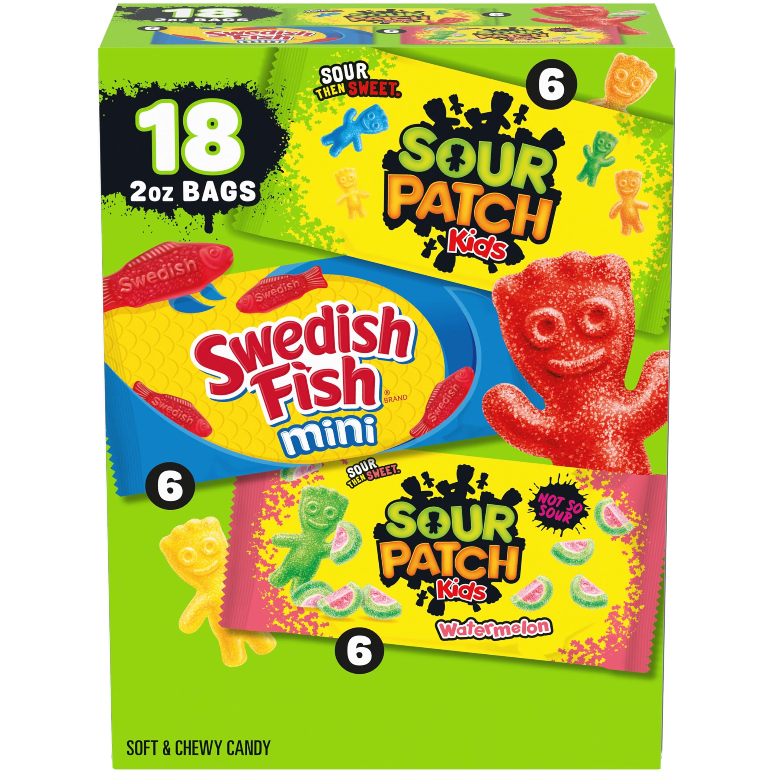 SOUR PATCH KIDS and SWEDISH FISH front packaging showing brand variety and convenience