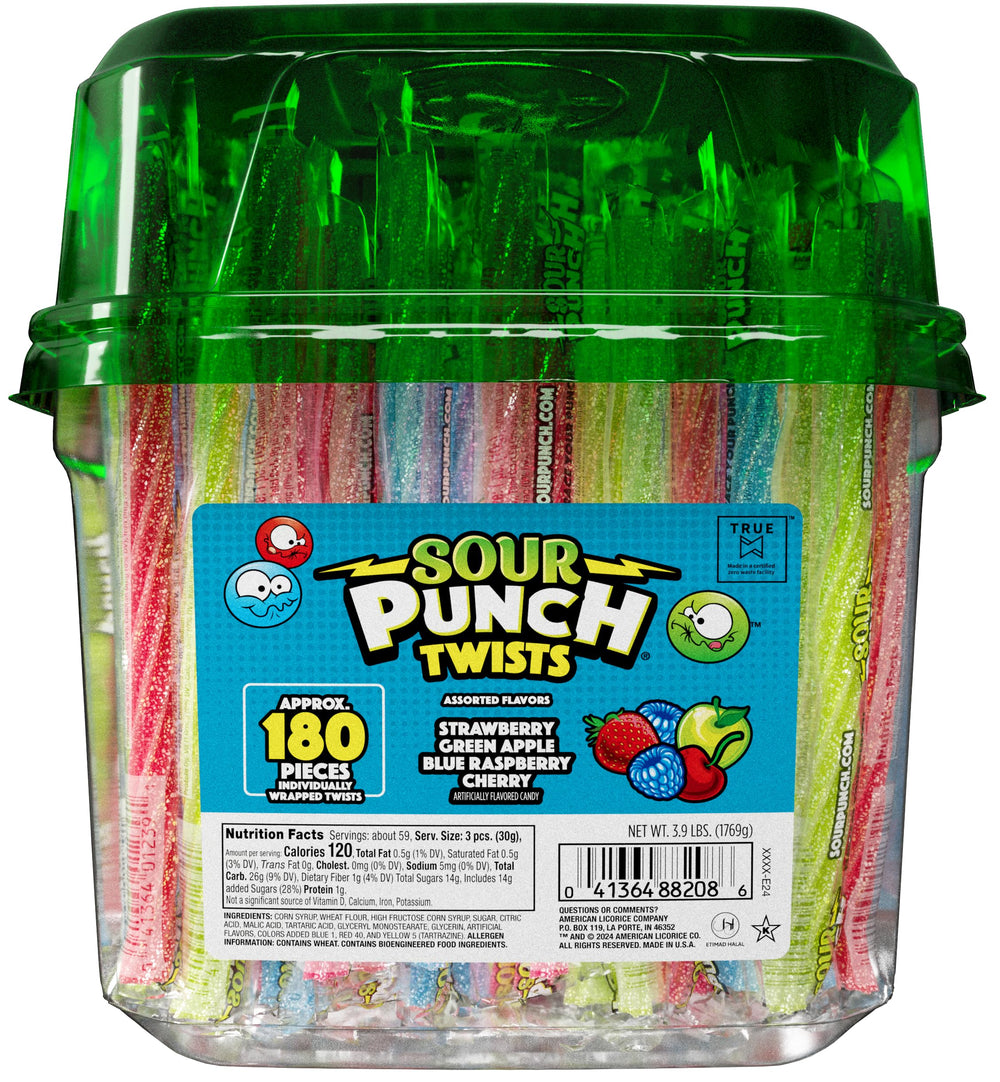 Sour Punch tub front showing twists and flavors, convenient sharing