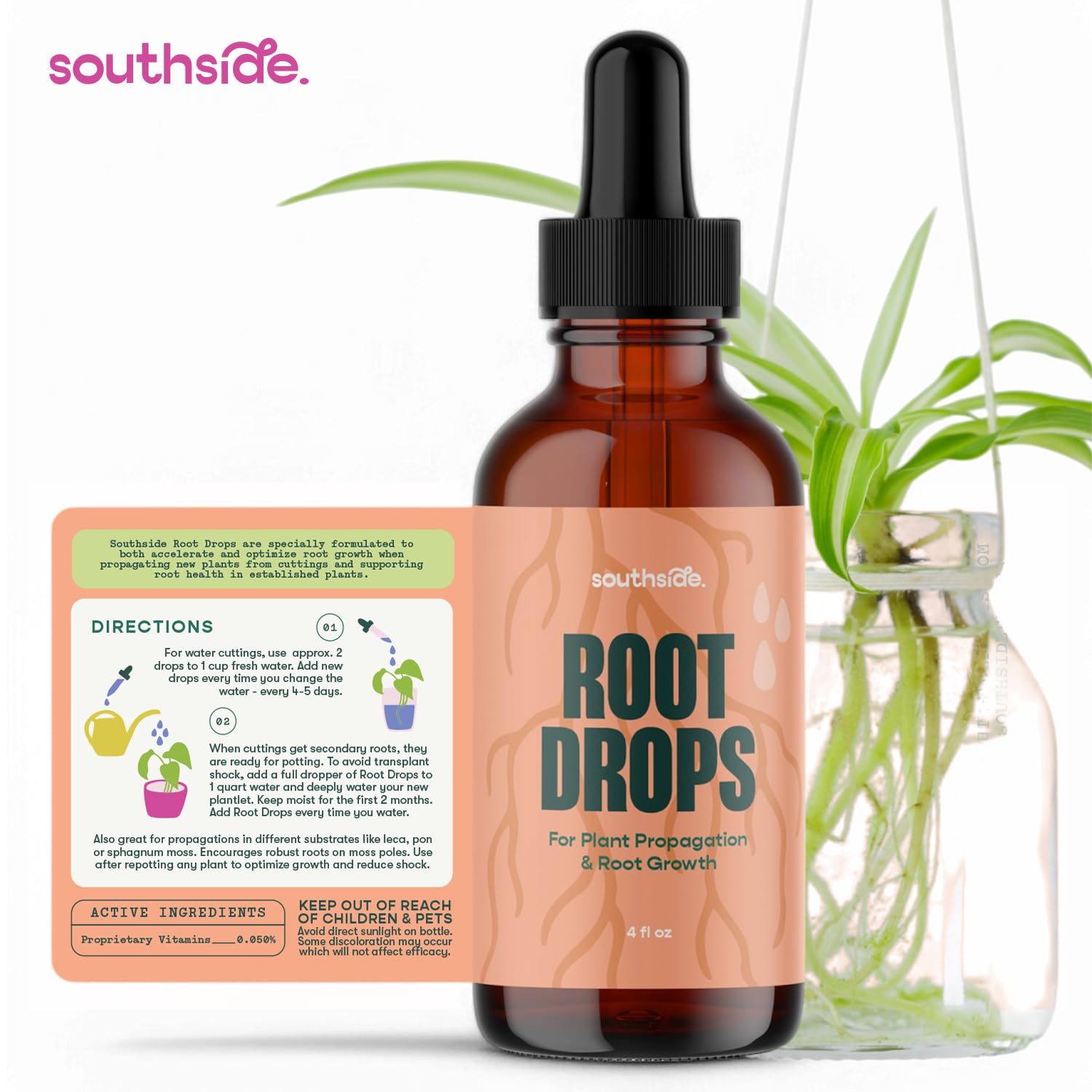 Southside Plants bottle on a plant shelf promoting healthier houseplants