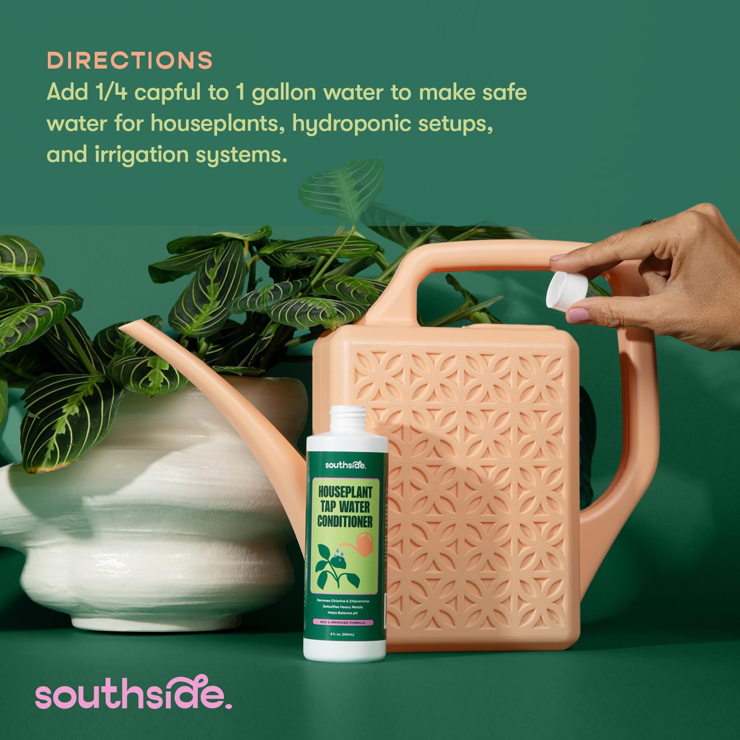 Southside Plants bottle held next to hand to show 8-ounce size and dose