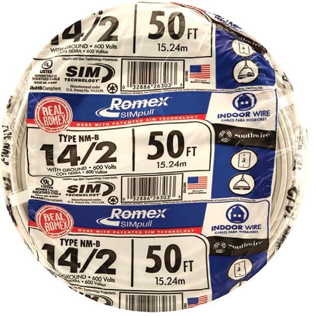 Southwire Romex label close-up showing voltage and temperature ratings