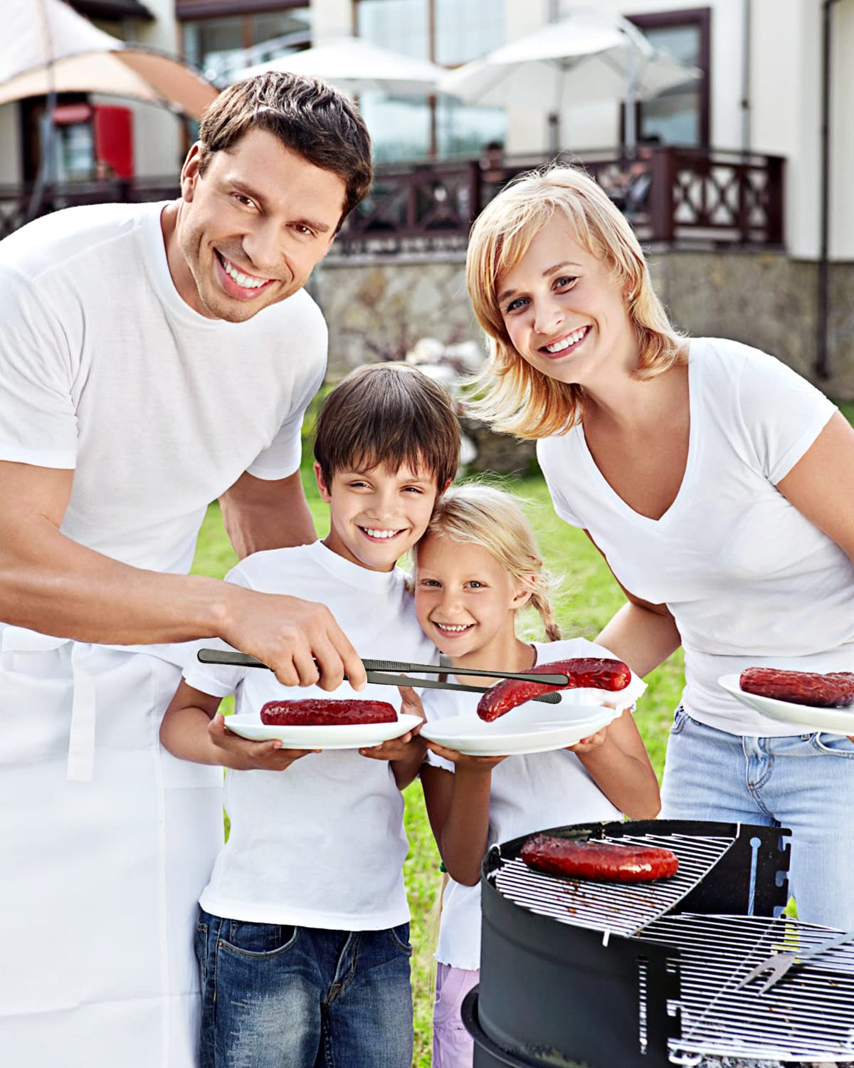 SouxMux tweezers lifting grilled vegetables at a BBQ demonstrating heat safety