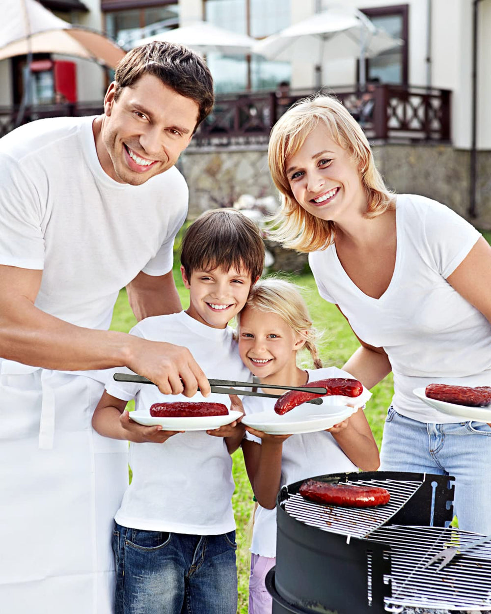 SouxMux tweezers lifting grilled vegetables at a BBQ demonstrating heat safety