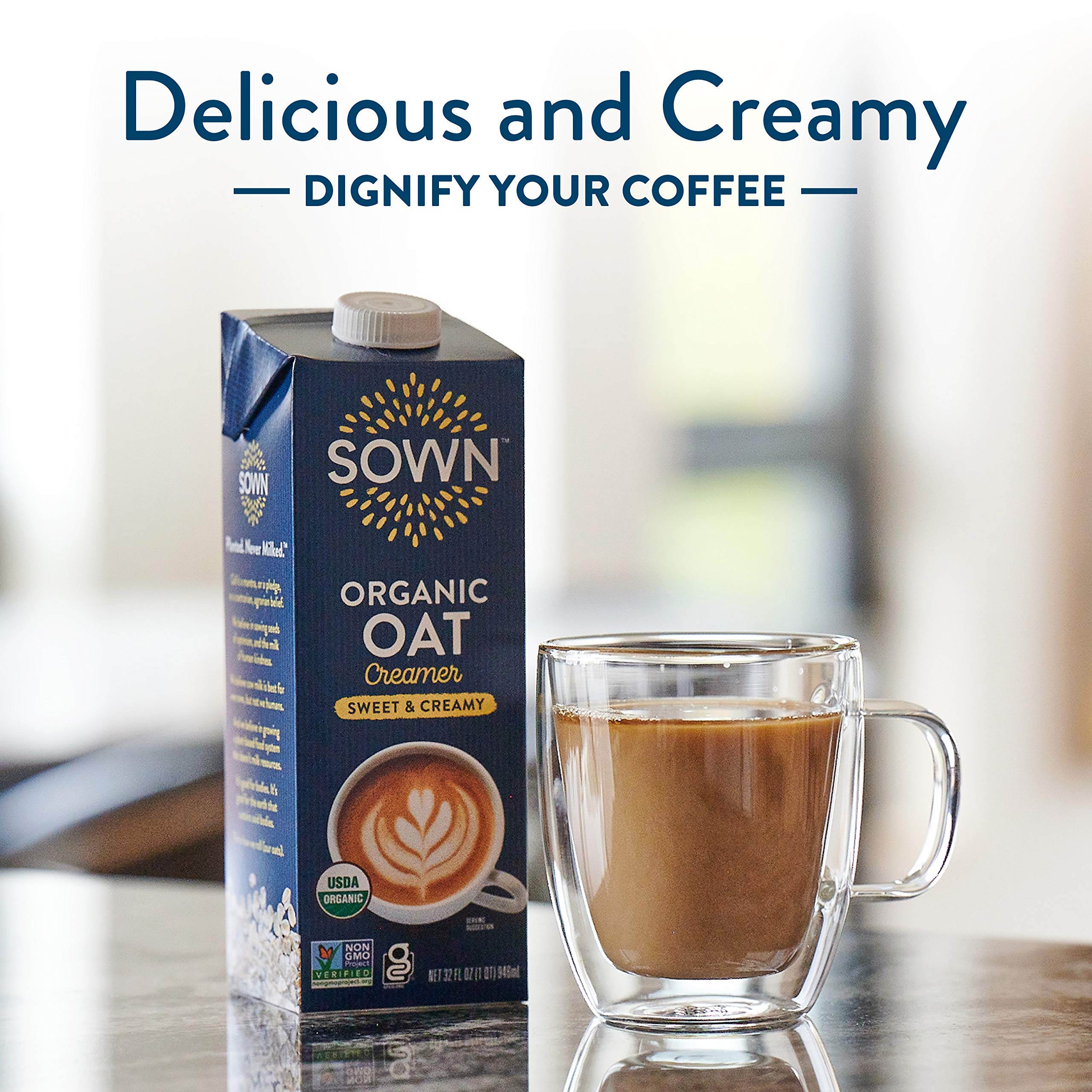 SOWN carton label with organic and non-GMO badges, reassures certified sourcing