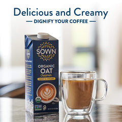 SOWN carton label with organic and non-GMO badges, reassures certified sourcing