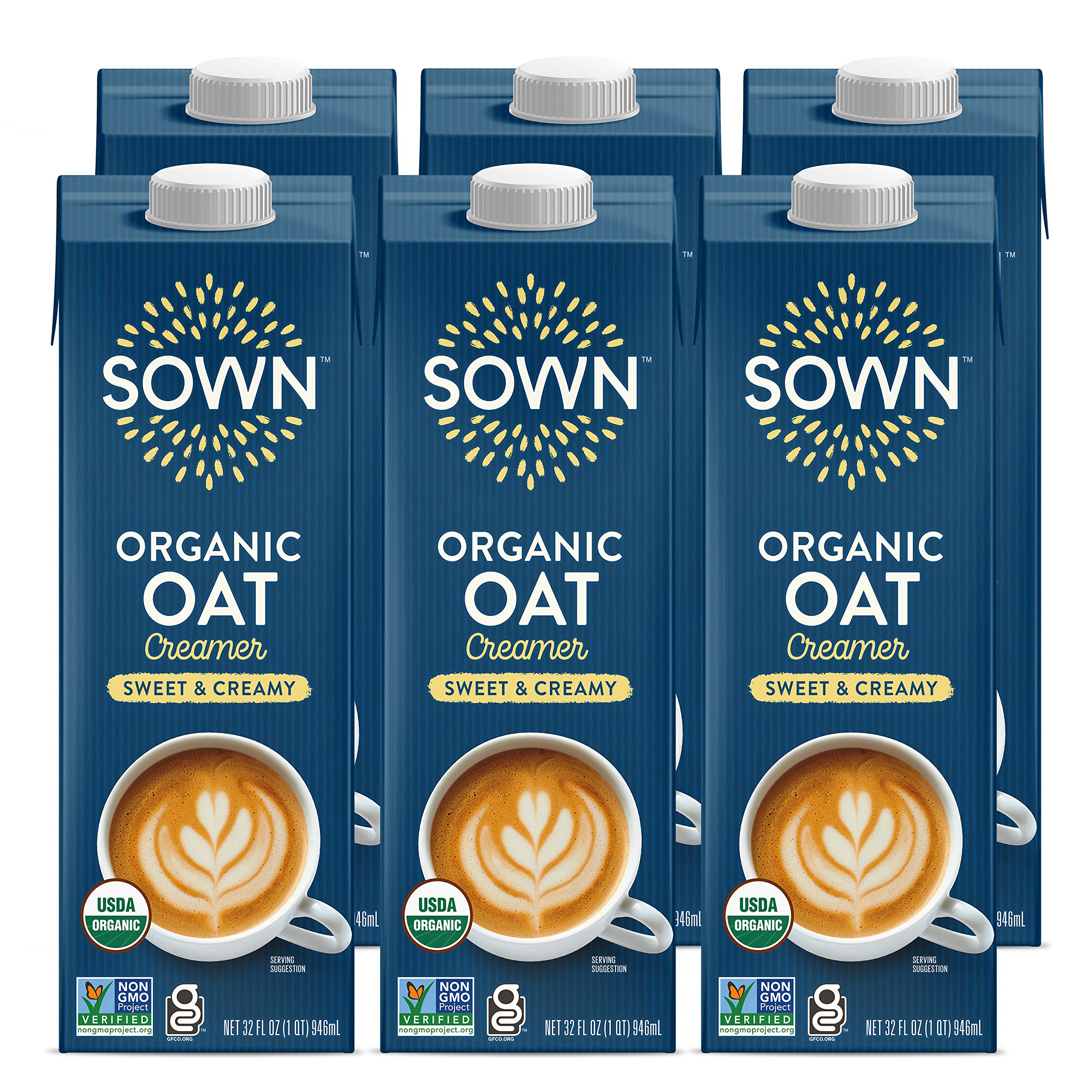 SOWN front packaging showing sweet and creamy oat creamer, clear product identity and benefit