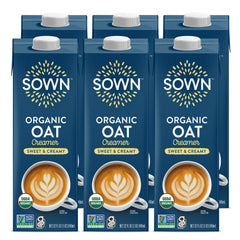 SOWN front packaging showing sweet and creamy oat creamer, clear product identity and benefit