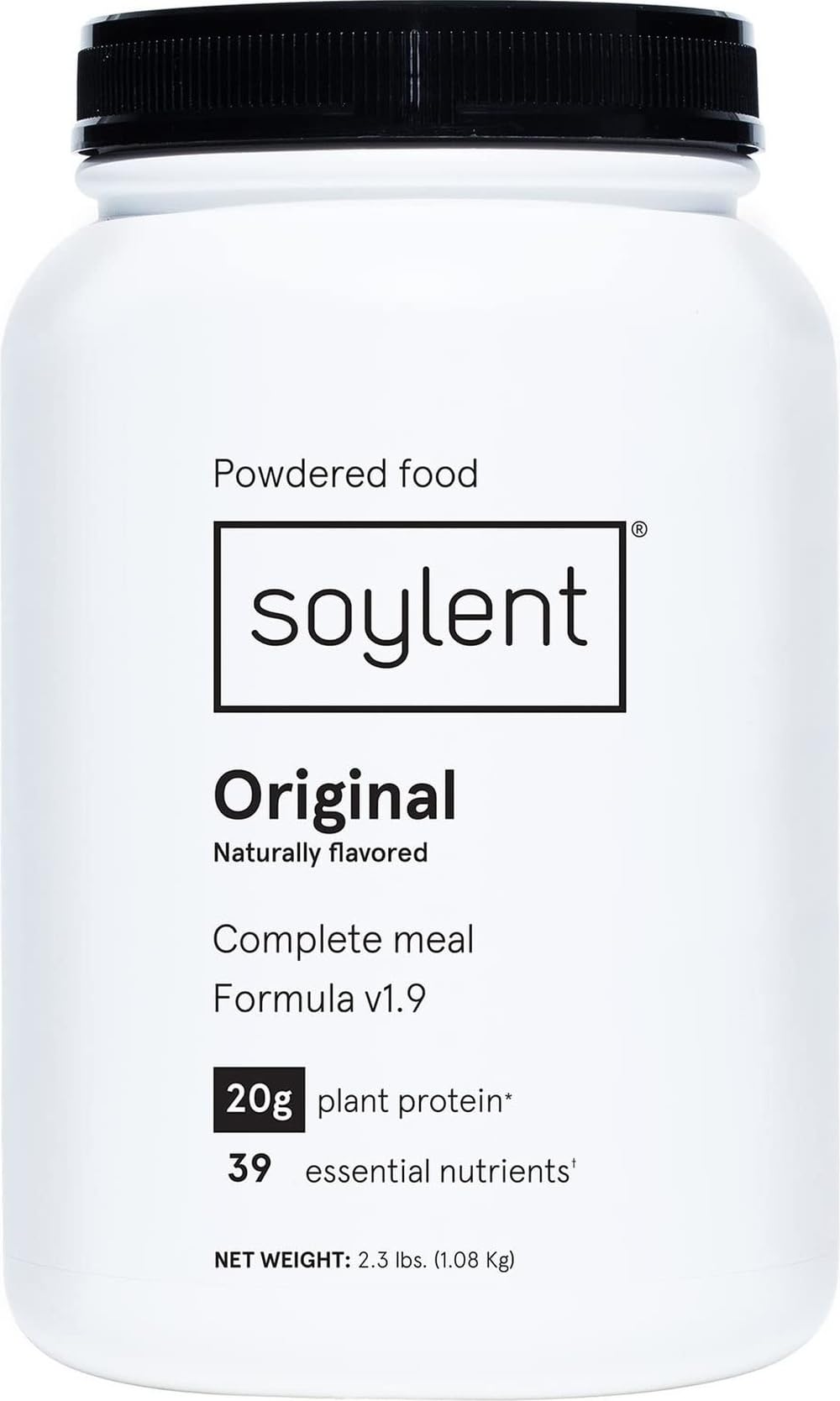 Soylent front packaging showing tub and label, highlighting convenience