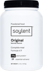 Soylent front packaging showing tub and label, highlighting convenience