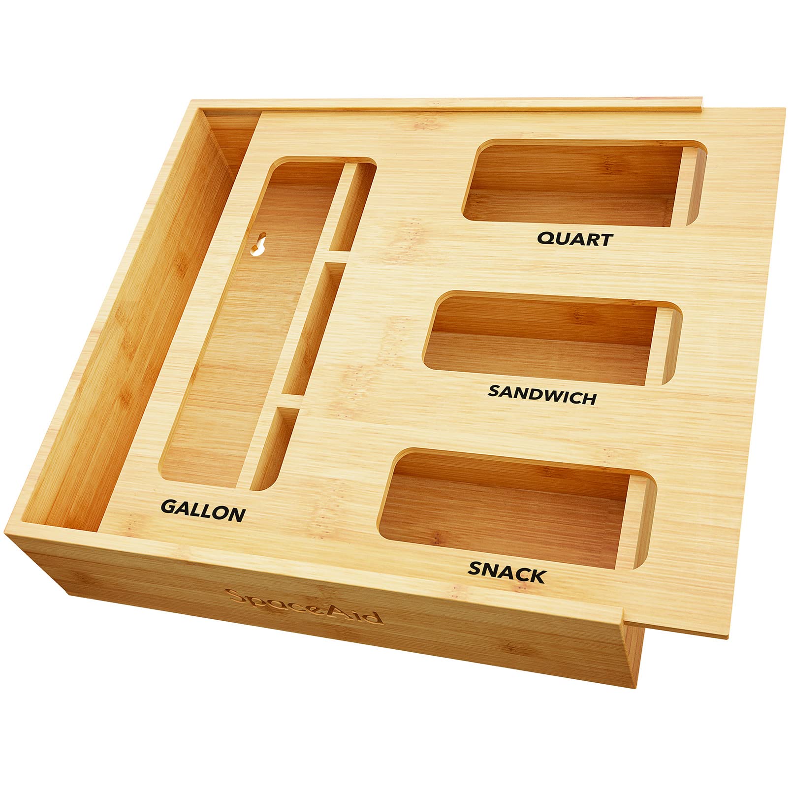 SpaceAid front view of bamboo bag organizer showing four compartments for neat access
