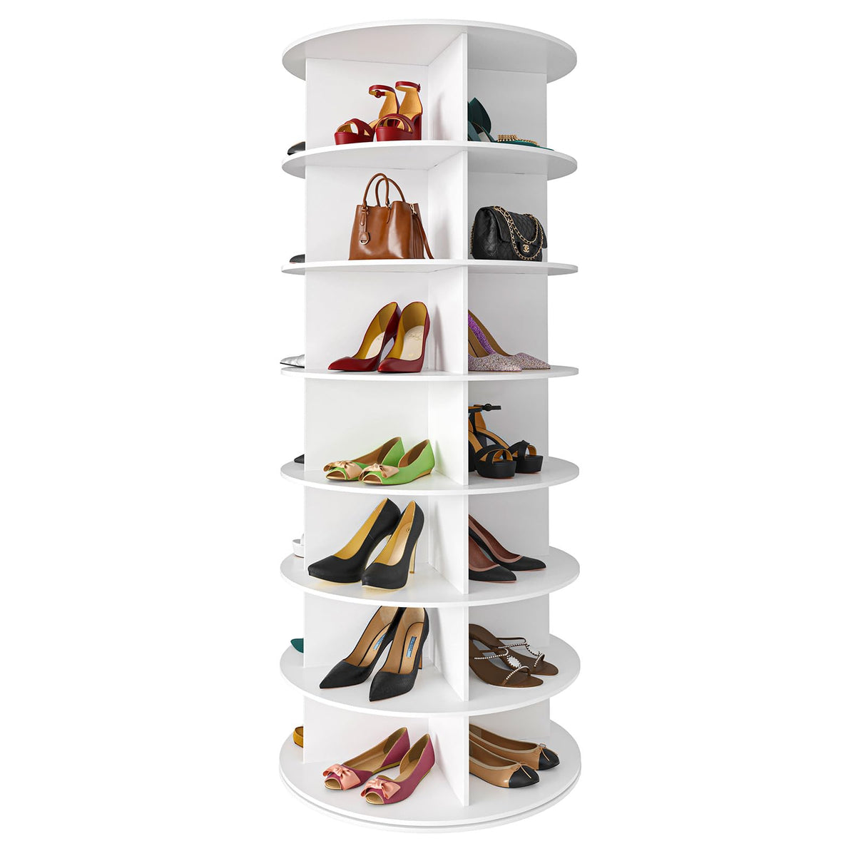 SpaceAid front view of 7-tier rotating shoe rack showing clean organization benefit