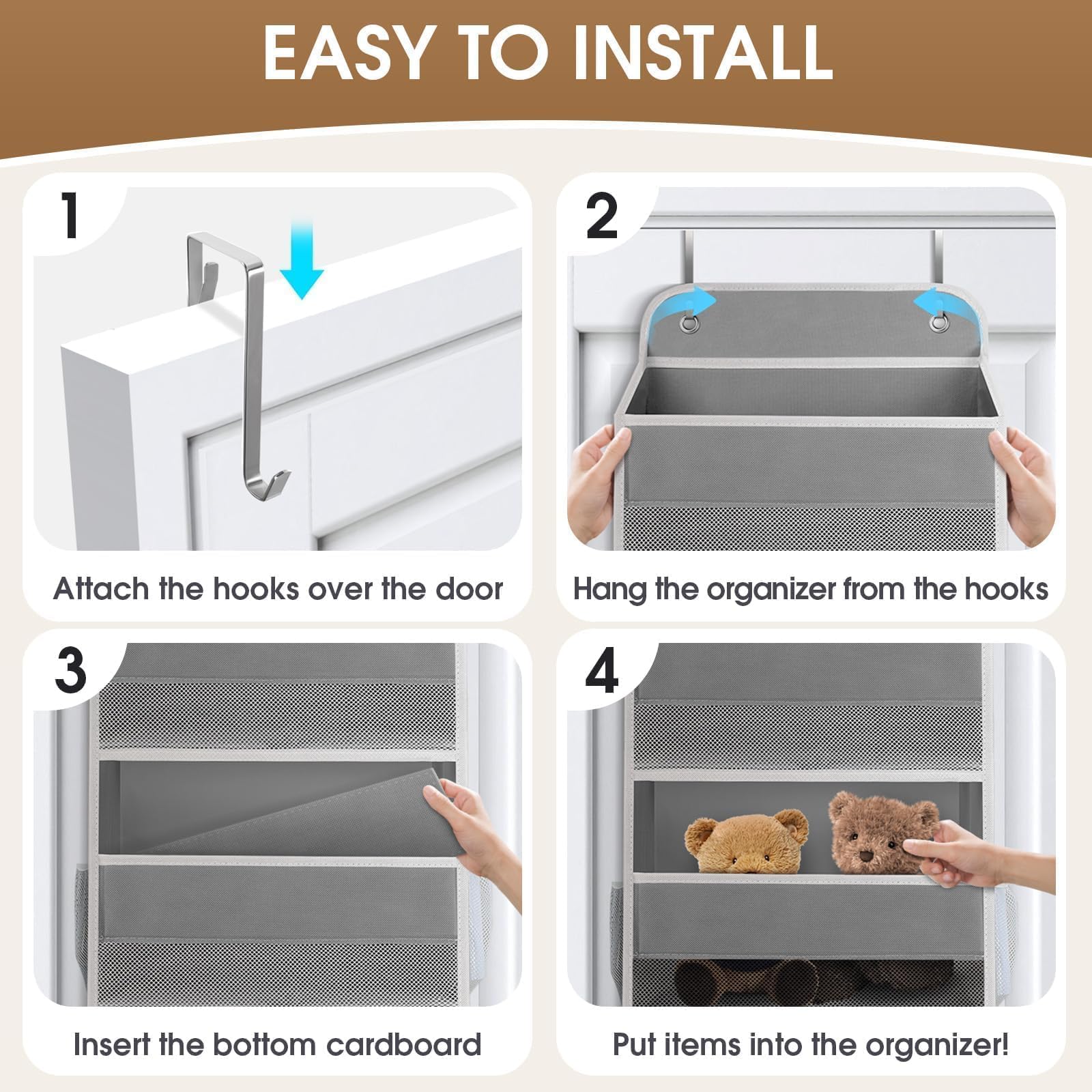 SpaceHacks hanging on door in bedroom showing space-saving vertical storage benefit