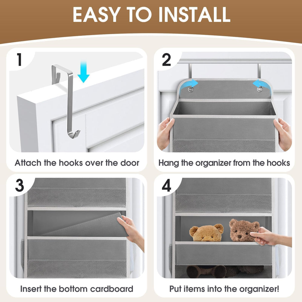 SpaceHacks hanging on door in bedroom showing space-saving vertical storage benefit