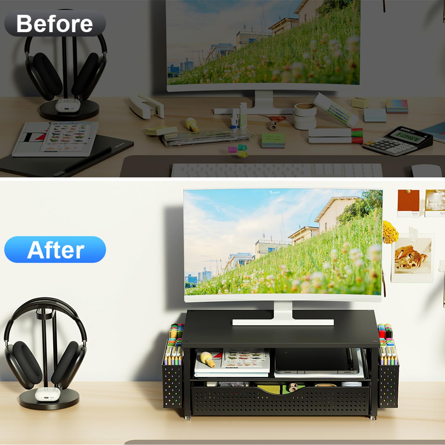 Spacrea monitor riser in use raising screen to eye level for improved posture