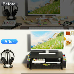 Spacrea monitor riser in use raising screen to eye level for improved posture