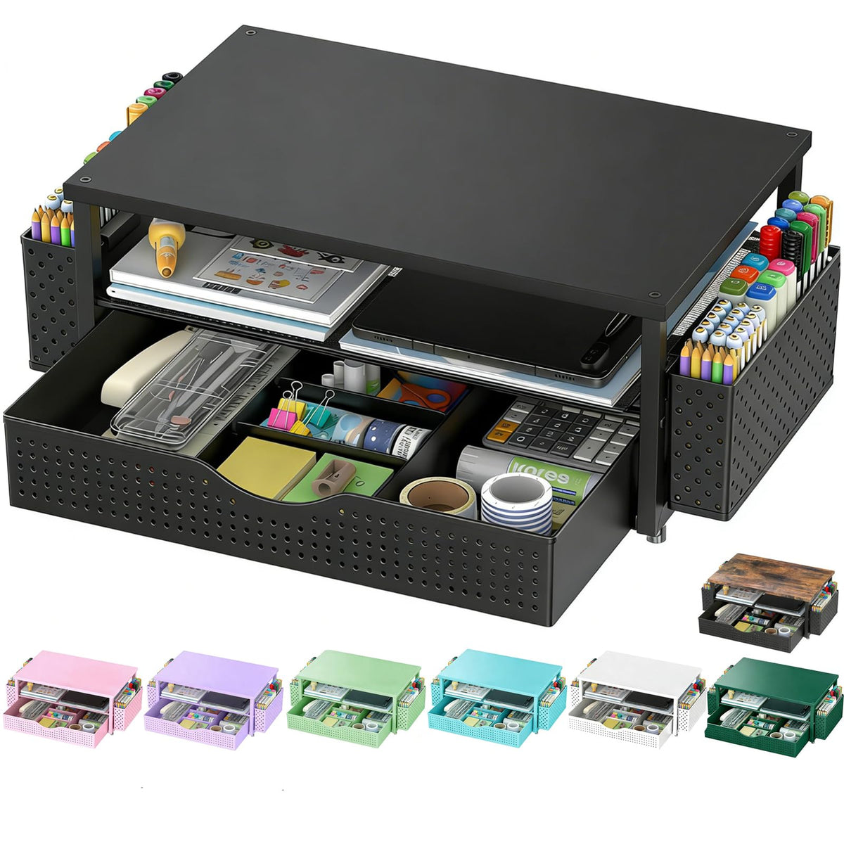 Spacrea front view of black printer stand showing clean storage and accessibility