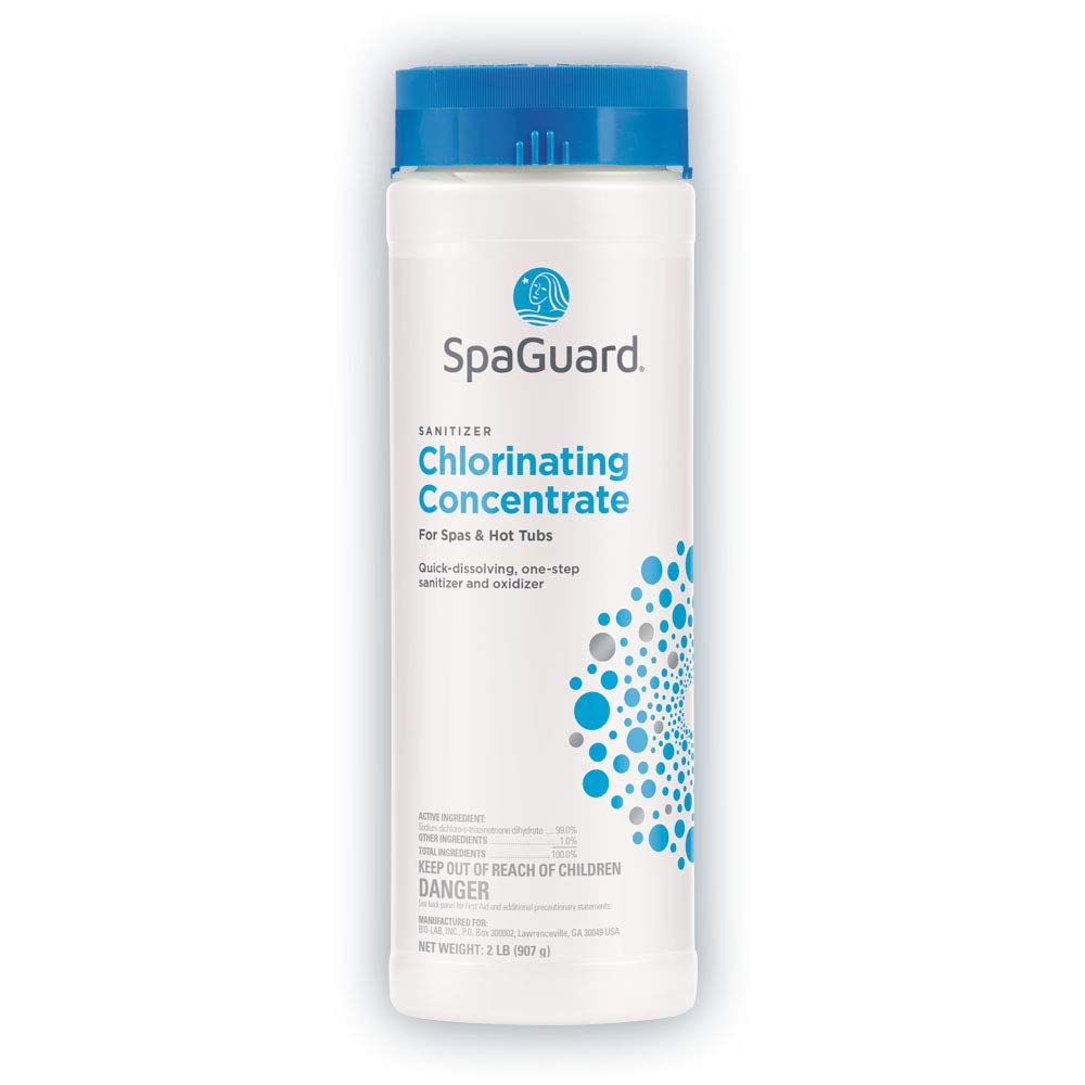 SpaGuard front packaging of 2 lb chlorinating concentrate shows product and benefit of reliable sanitation