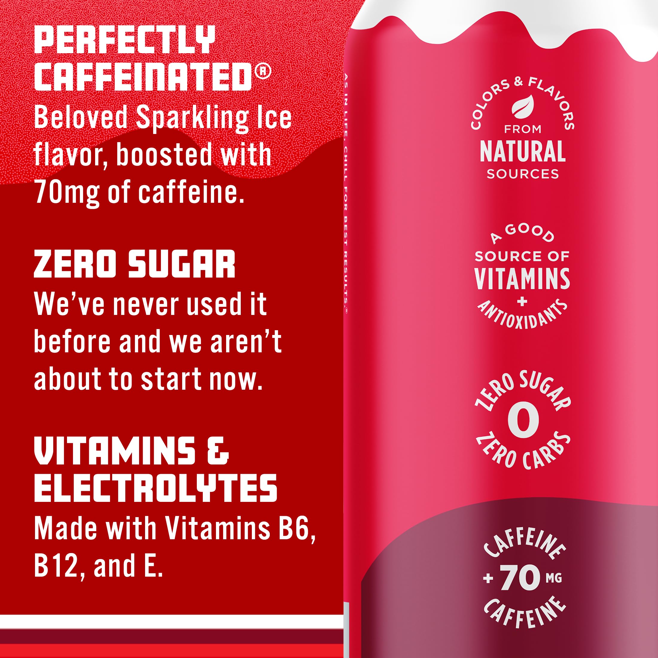 Sparkling Ice nutrition label Cherry Cola showing vitamins and caffeine info at a glance