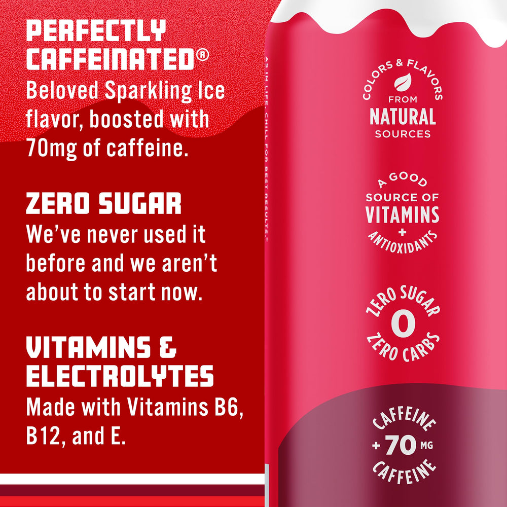 Sparkling Ice nutrition label Cherry Cola showing vitamins and caffeine info at a glance