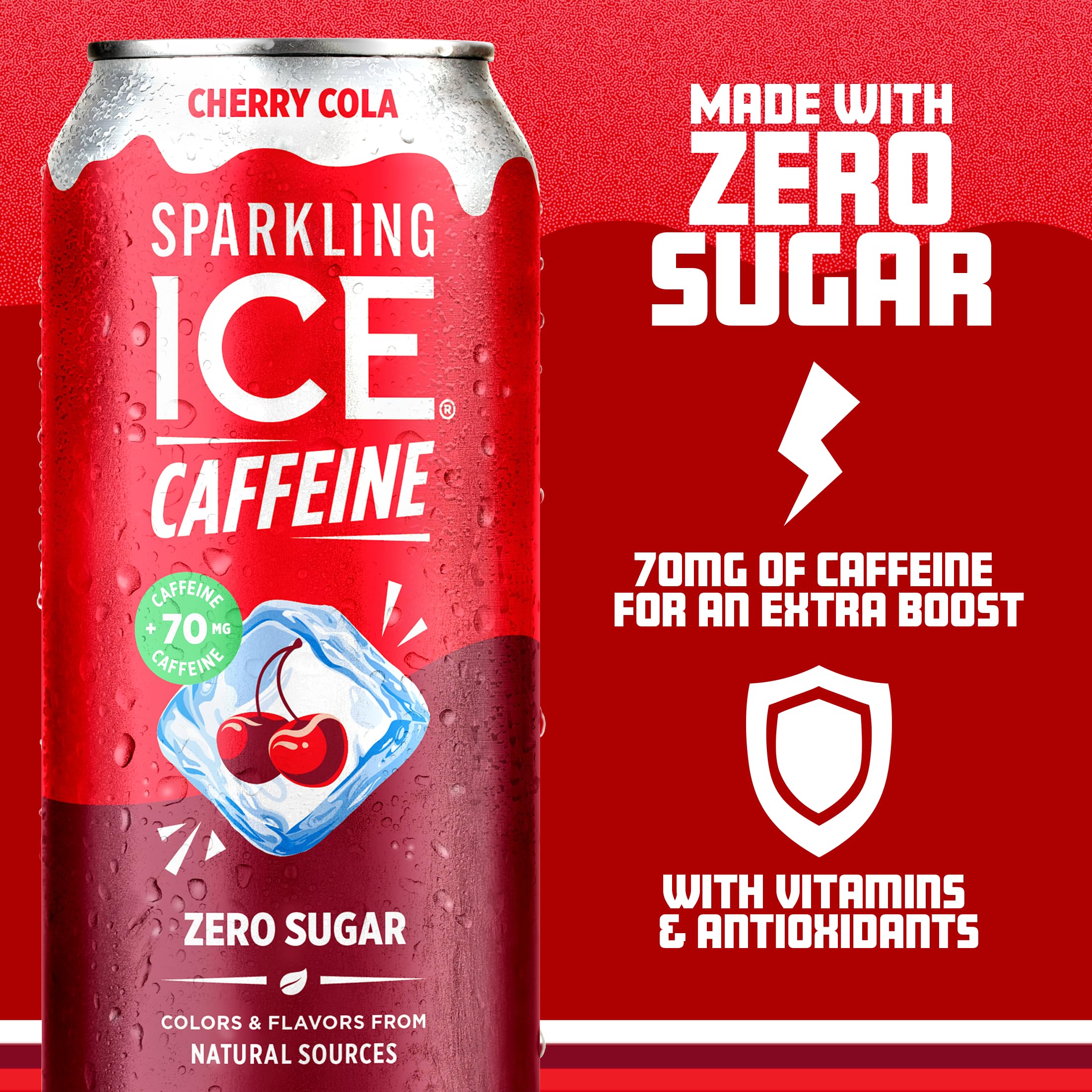 Sparkling Ice pouring into glass Cherry Cola demonstrating clear fizz and drinkability