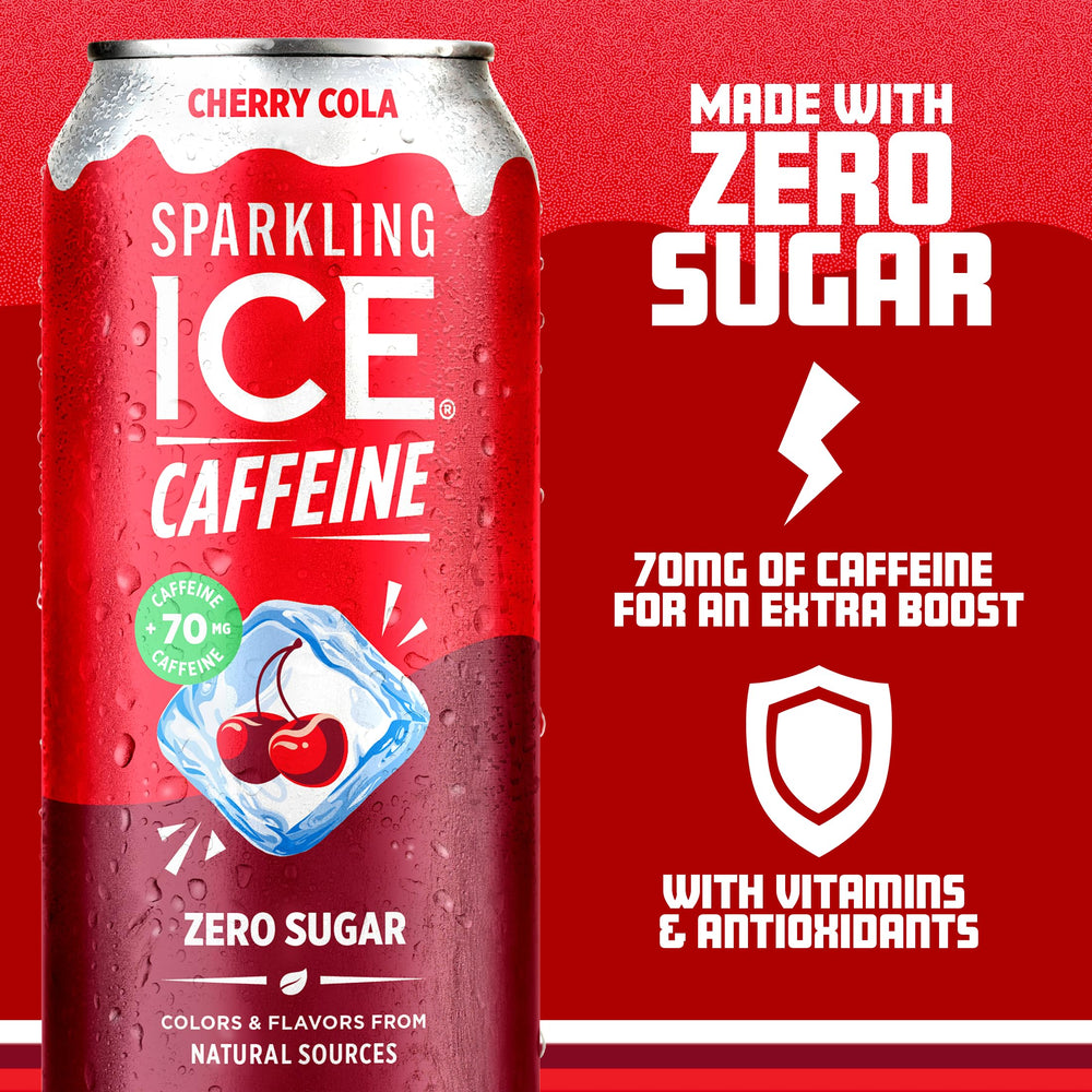 Sparkling Ice pouring into glass Cherry Cola demonstrating clear fizz and drinkability