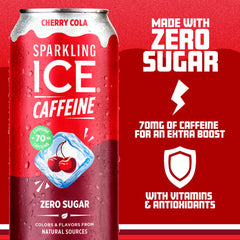 Sparkling Ice pouring into glass Cherry Cola demonstrating clear fizz and drinkability