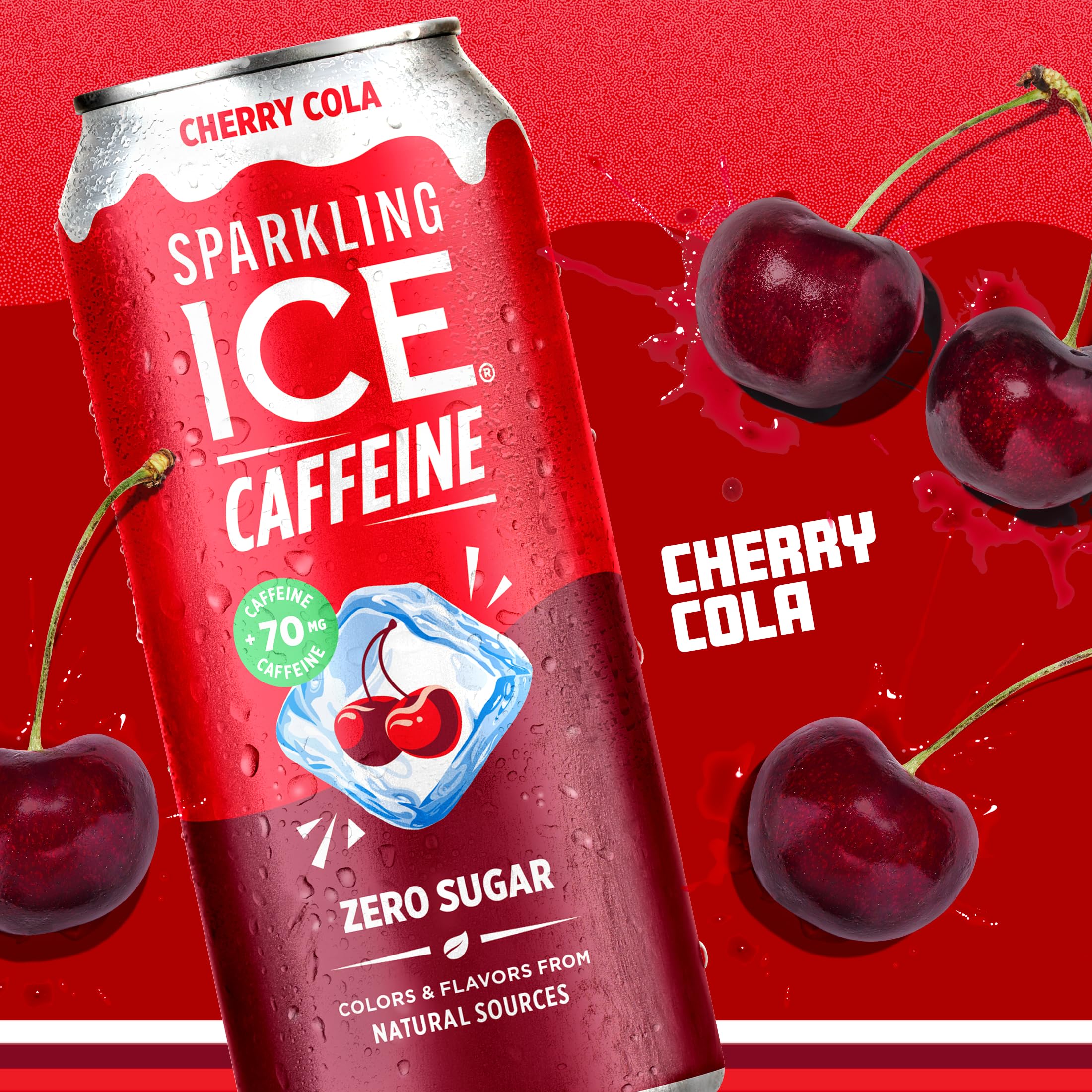 Sparkling Ice next to phone Cherry Cola showing size comparison and portable fit