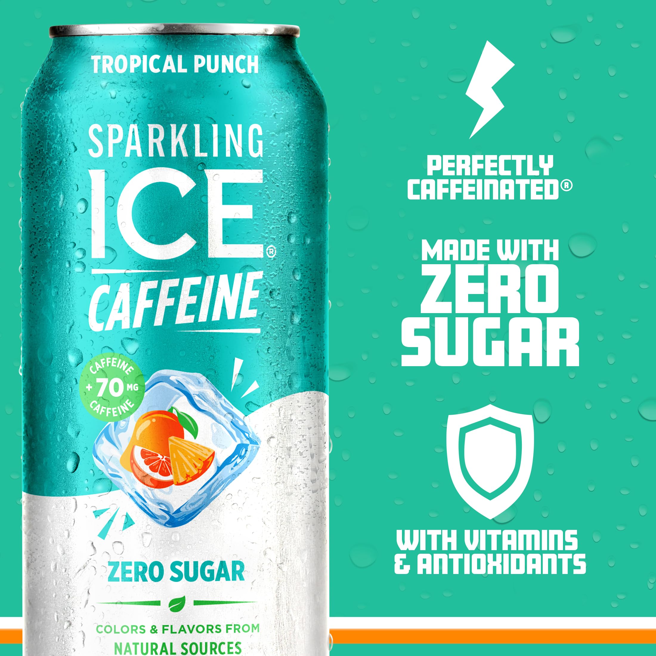 Sparkling Ice label detail showing caffeine and vitamin callouts for informed choice