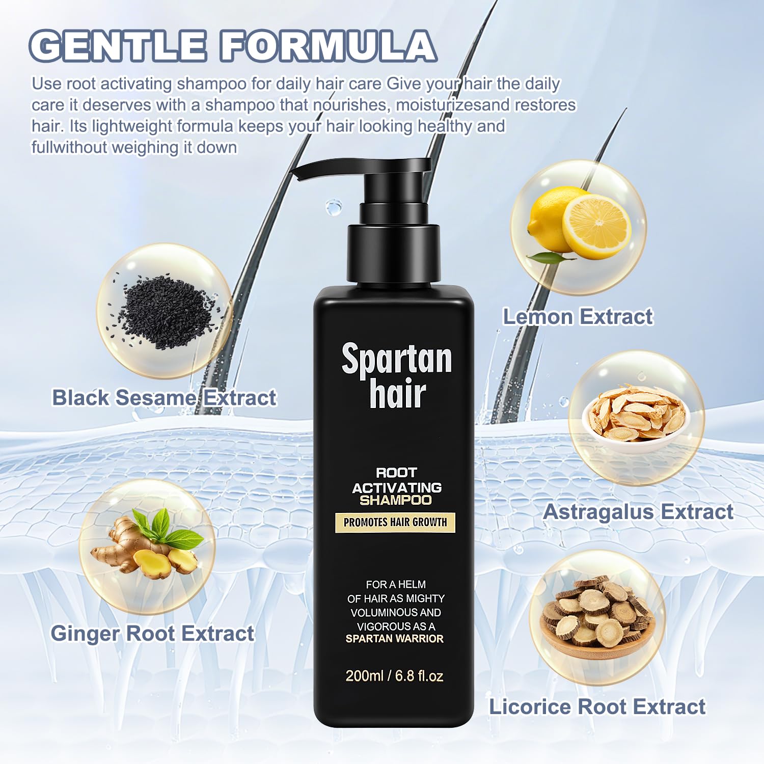 SPARTAN HAIR shampoo being massaged into wet hair to invigorate scalp