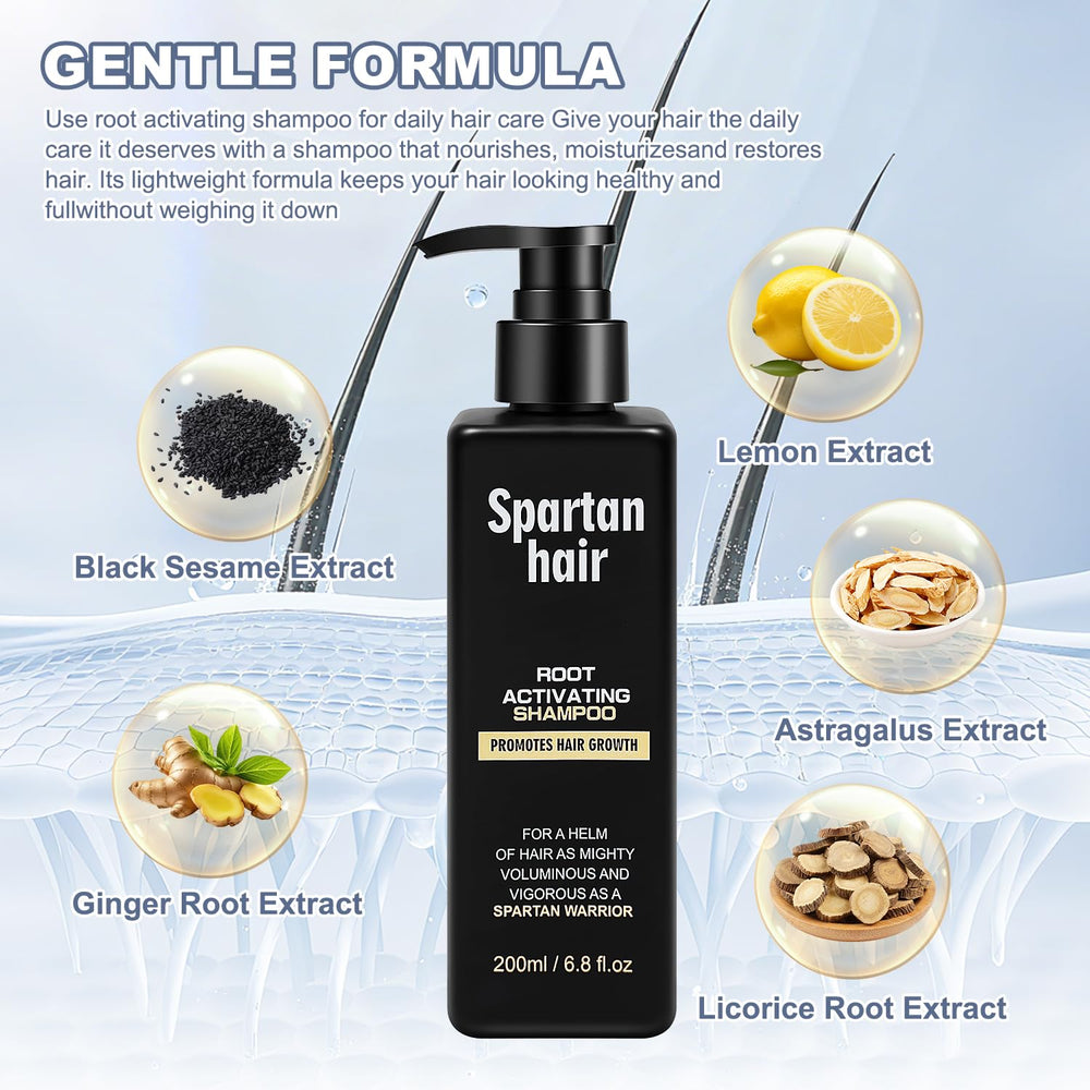 SPARTAN HAIR shampoo being massaged into wet hair to invigorate scalp