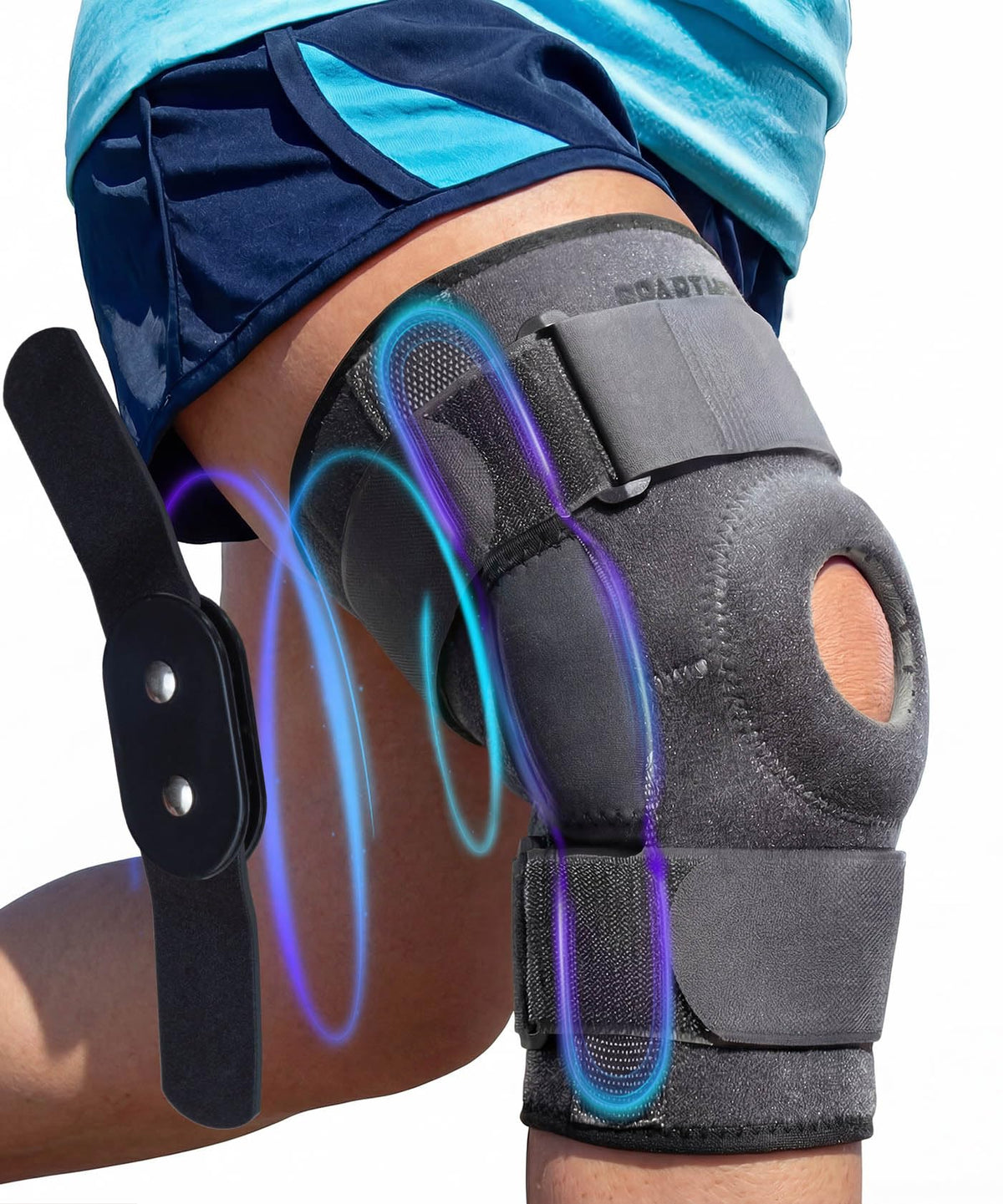 Sparthos front view of gray knee brace showing full coverage and secure fit