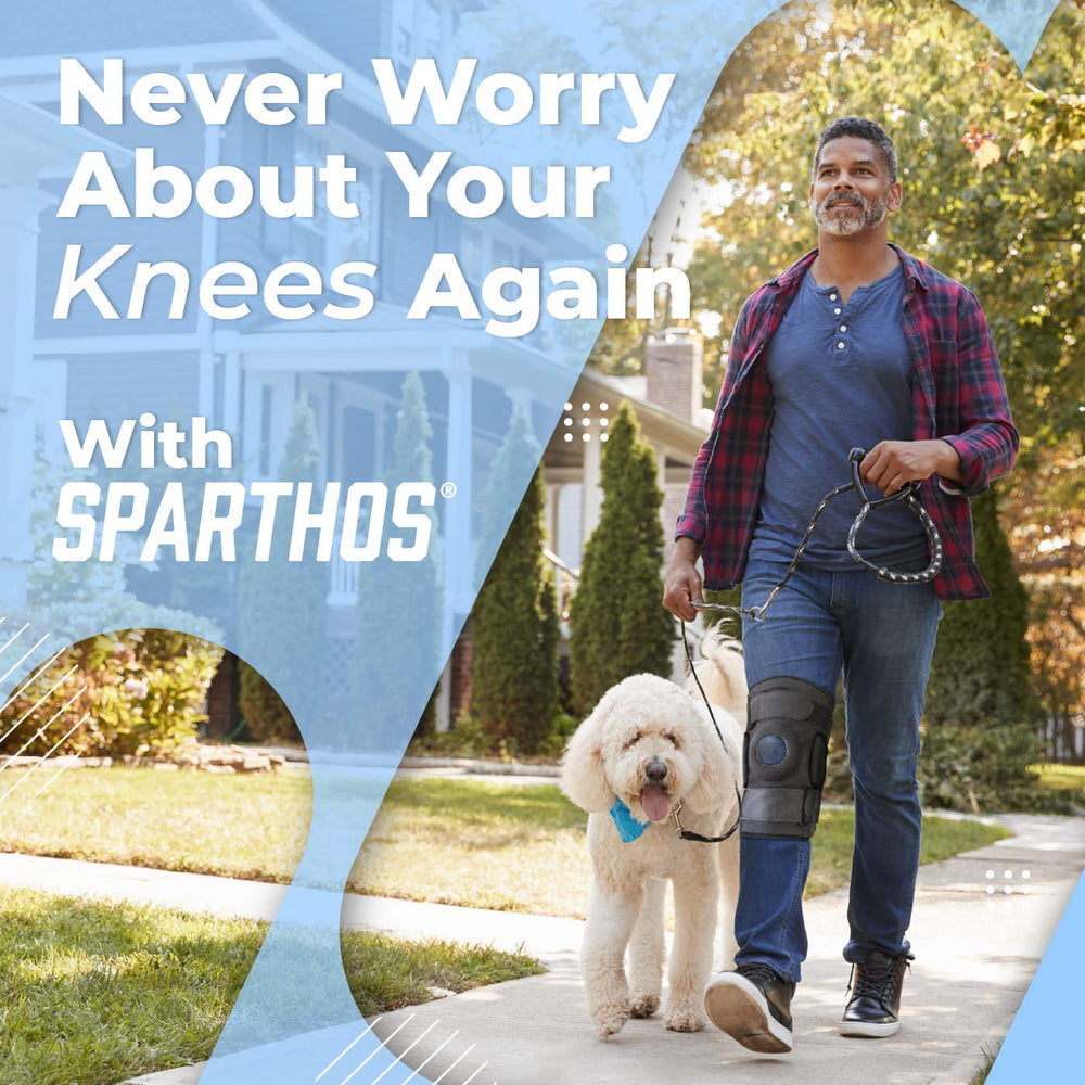 Sparthos knee brace worn by person walking outdoors for confident mobility