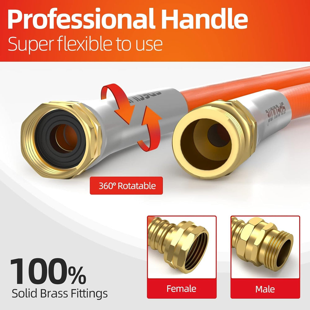 SPECILITE hose beside tape measure showing true 50 ft length and scale