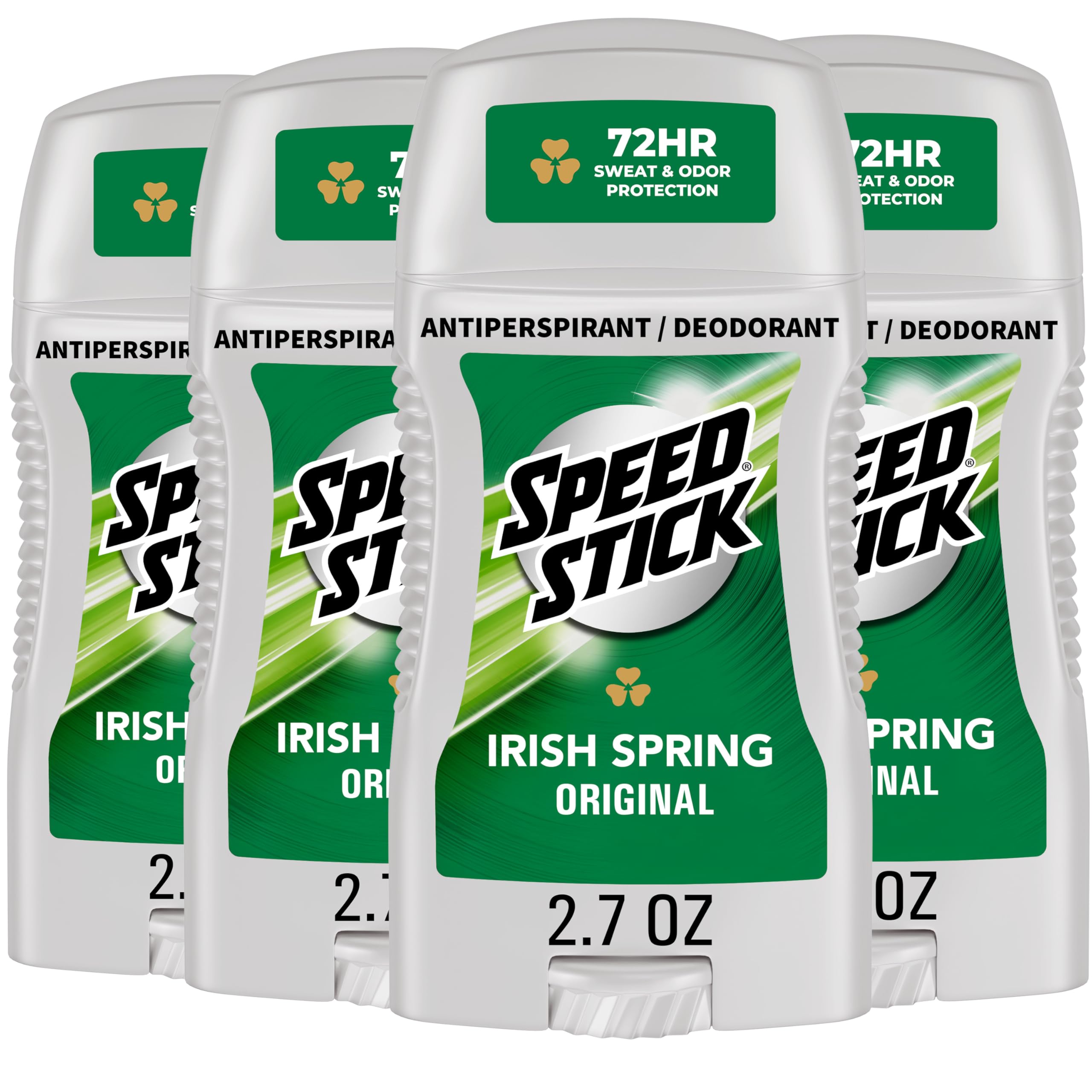 Speed Stick front packaging showing Irish Spring scent and four-pack convenience