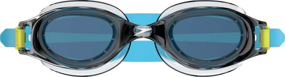 Speedo Hydrospex front view showing grey-blue lenses and fit benefits
