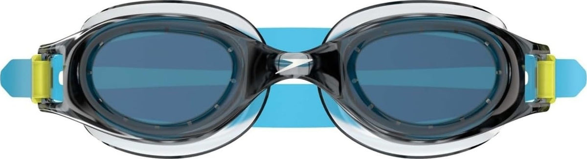 Speedo Hydrospex front view showing grey-blue lenses and fit benefits