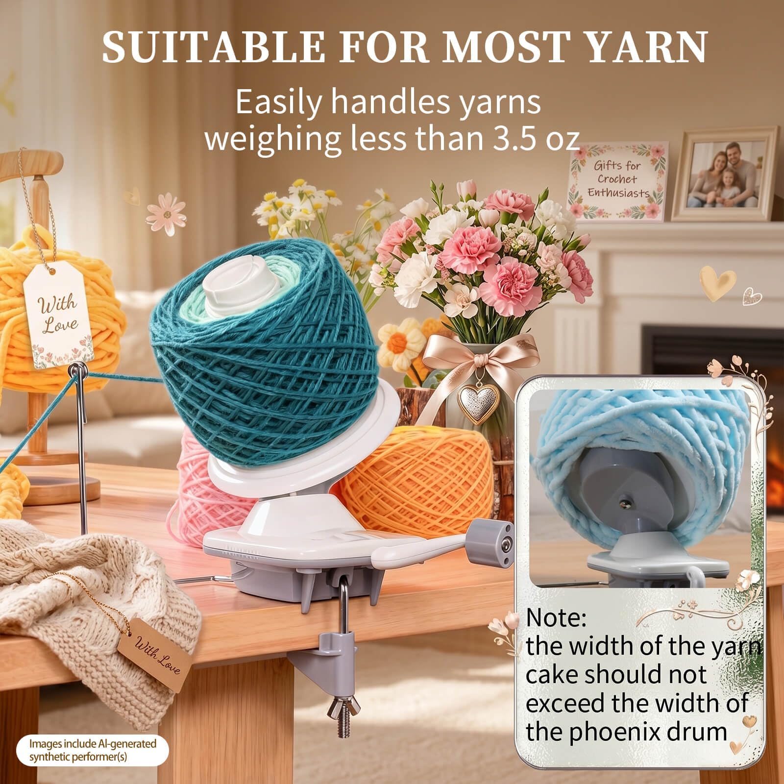 SPEENSUN winder in use on desk with yarn swift demonstrating efficient skein-to-cake winding