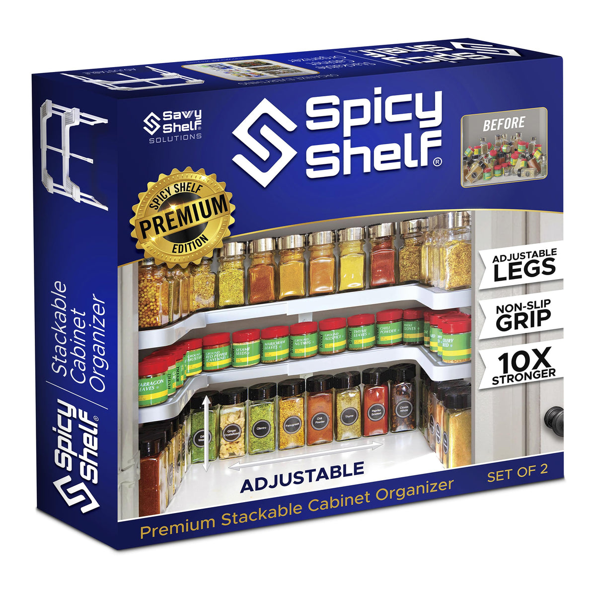 Spicy Shelf front view of packaged 2-tier organizer showing sturdy design and tidy appearance