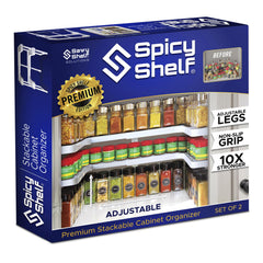 Spicy Shelf front view of packaged 2-tier organizer showing sturdy design and tidy appearance